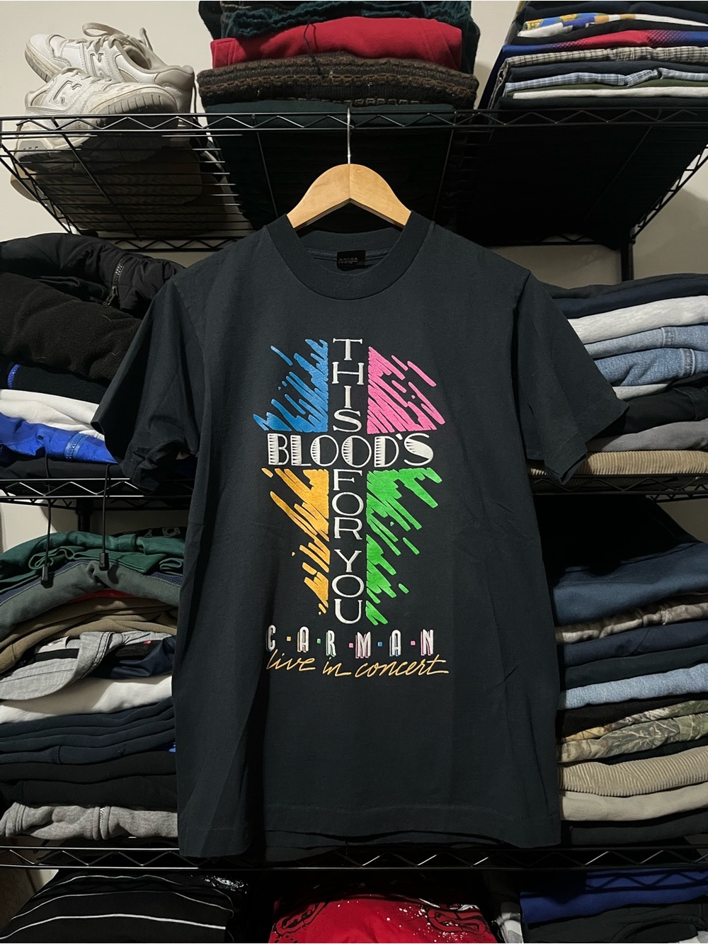 Vintage Screen Stars Black Tee with Multicolor Cross Graphic